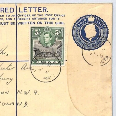 MALTA KGVI Cover Registered 5s High Value RNAS Sender 1946 London {samwells}XC27 - Image 1 of 4
