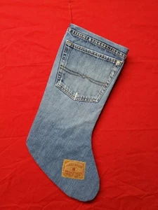 Calza natalizia fatta a mano completamente foderata 20" blu jeans denim tasca posteriore riciclata - Foto 1 di 9
