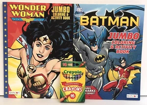3pc Kids Set DC Wonder Woman & Batman Jumbo Coloring & Activity Books and Crayon - Picture 1 of 12