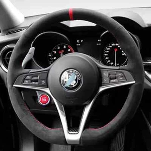 Cubierta de volante de gamuza negra cosida a mano para Alfa Romeo Giulia 2016-18 Stelvio - Imagen 1 de 18