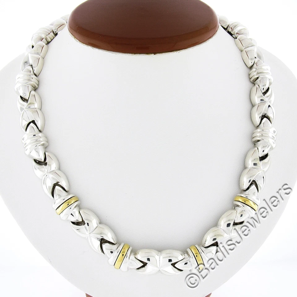 Designer Silver & 18K Gold Fancy Puffed "X" Circular Link 17.5" Collier Necklace - Image 1 of 4
