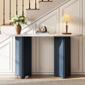 TREXM Narrow Console Table, Entryway Table with Oval Faux Marble Top, Rustic Sof - Picture 1 of 11