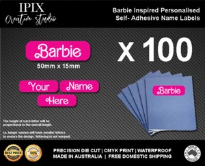 100 x Barbie Inspired Kids School Stationary Name Labels | 50mm x 15mm | Book | - Foto 1 di 1