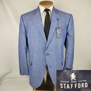 NWT Stafford Signature Mens Sport Coat 50R Blue Linen Cotton Blend Blazer - Picture 1 of 13