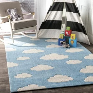 Kids Clouds Baby Blue Hand-Tufted 100% Wool Soft Area Rug Carpet - Picture 1 of 9