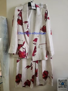 Zara Co-ord Set Floral print satin effect Blazer +pants white ecru red Sz M BNWT - Picture 1 of 15