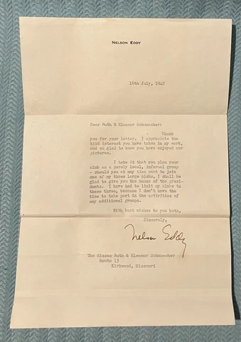 Nelson Eddy 1942 Typed Letter And Signed Cover