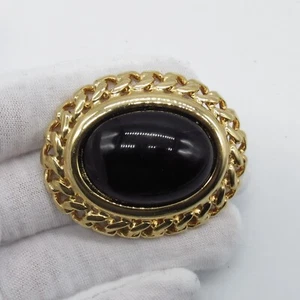 Vintage NAPIER schwarz Glas Cabochon Anstecknadel Brosche oval goldfarben schlicht klassisch - Bild 1 von 11