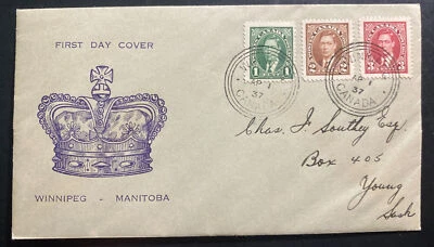 1937 Winnipeg Canada First Day Cover FDC Coronation King George VI KG6 To Sask - Image 1 of 2