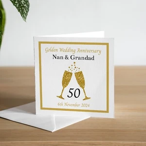Tarjeta de 50 aniversario de boda de oro personalizada copa de champán esposo esposa - Imagen 1 de 3
