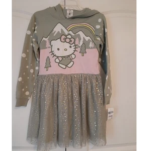 Hello Kitty Green Pink Mesh Tulle Hooded Sweater Dress L NEW Winter Christmas - Foto 1 di 6
