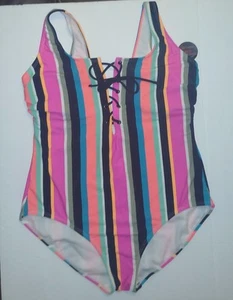 Women's Juniors Sz 1X 17 Swimsuit One Piece NwT Stripe Removable Cups High Leg - Picture 1 of 3