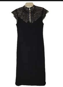 BCBGMAXAZRIA schwarzes Midikleid Gr. Lg hoch viktorianisch Gothic Passe Schlüsselloch hinten - Bild 1 von 10