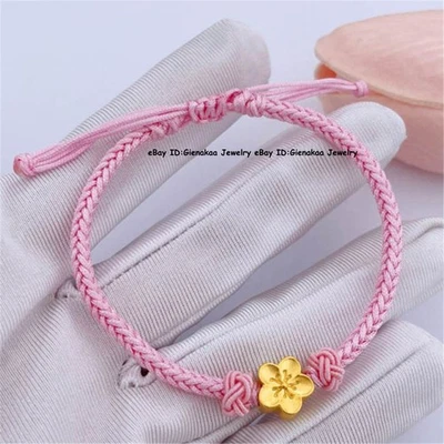 Real 999 24K Yellow Gold Lucky Women 3D Peach Blossom Bracelet 0.2g Adjust - Image 1 of 4