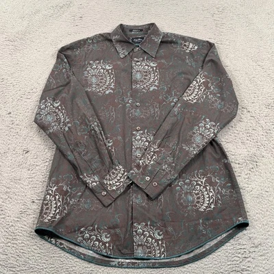 Indigo Palms Shirt Mens Large Brown Blue Tailored Fit Floral Button Up Casual - Image 1 of 4