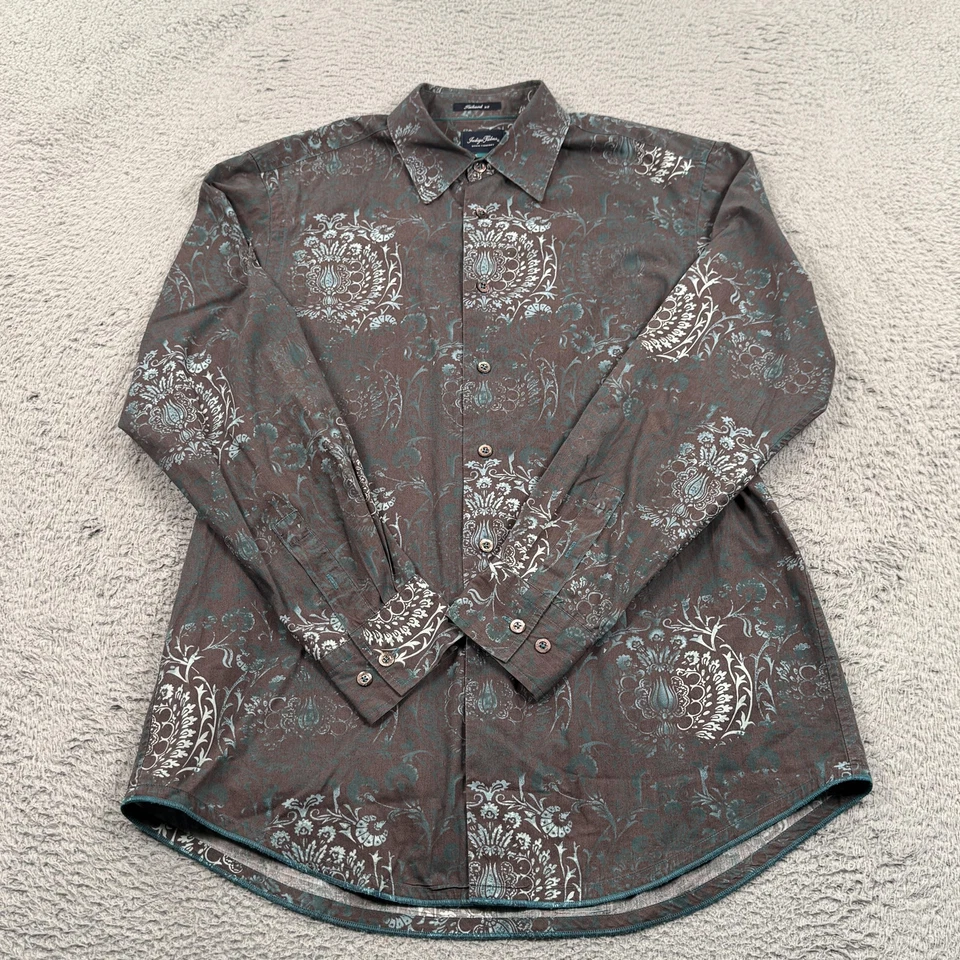 Indigo Palms Shirt Mens Large Brown Blue Tailored Fit Floral Button Up Casual - Image 1 of 4