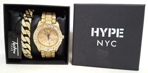 Techno Pave Mens Gold Plated Cubic Zirconia Praying Hands Watch Bracelet Box Set - Picture 1 of 3