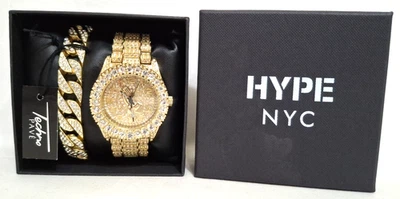 Techno Pave Mens Gold Plated Cubic Zirconia Praying Hands Watch Bracelet Box Set - Image 1 of 3