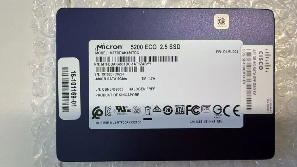 CISCO UCS-SD480GM1X-EV MTFDDAK480TDC 480GB 5200 ECO 2.5 6G SATA SFF SSD - Image 1 of 1