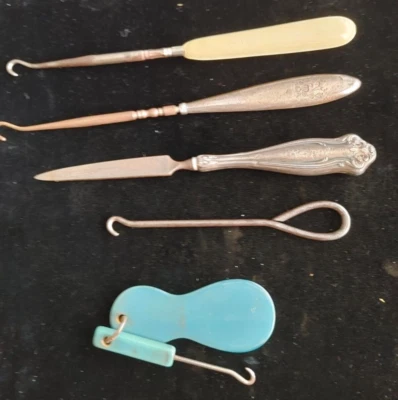 Ganchos de botón para zapatos antiguos celuloide, esterlina, baquelita, más lima, lote de 5 Foto 1 de 4