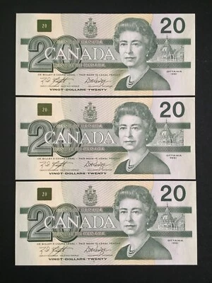 3 billetes consecutivos de 20 dólares de Canadá 1991 UNC EWK1485447-9 Knight-Dodge Foto 1 de 2