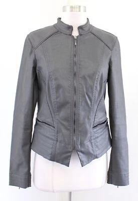 White House Black Market Gray Coated Denim Zip Front Moto Jacket Fitted Size 8 - Image 1 of 4