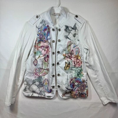 Renuar Floral Print Jacket Military Style Button Up White Cotton Blend Sz Medium - Image 1 of 4