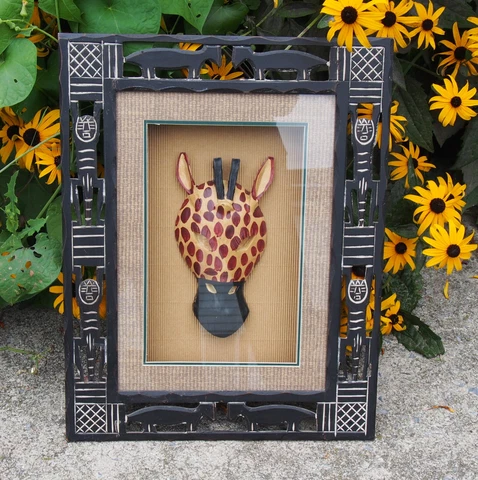African Animal Mask in Shadow Box Frame Wall Art Safari Primitive Look Ritual Cover