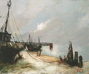 LISTED SPANISH MANUEL BUNUEL Signed ORIG OIL on CANVAS BOATS CURVING SHORELINE - Picture 1 of 9