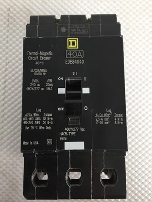 SQUARE D EDB34040 40 AMP 480 VOLT 3 POLE BREAKER...154 - image 1 of 4