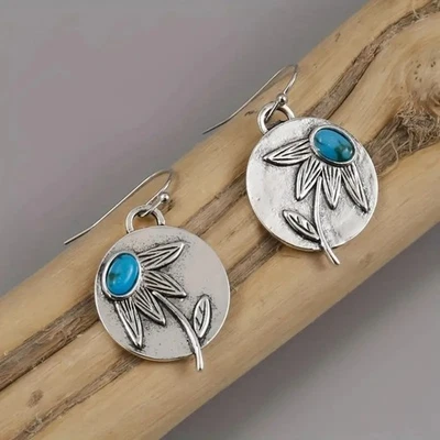 Pendientes colgantes florales redondos de plata turquesa colgantes estilo vintage joyería nuevos Foto 1 de 4