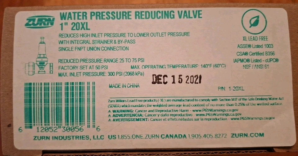 Zurn Wilkins 1-20XL 1" 20XL PRV 25-75 PSI Single Union FNPT x FNPT 20XLC