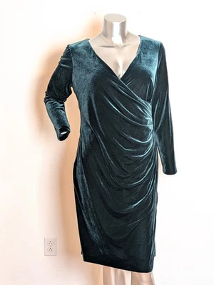 New! LAUREN RALPH LAUREN VELVET  LONG SLEEVE SURPLICE DRESS, GREEN, SIZE 16P - Image 1 of 4