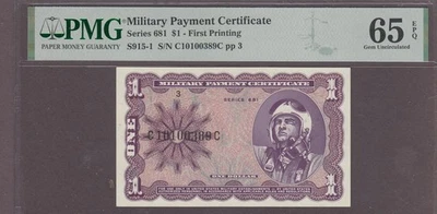 US MPC Military Payment Certificate 1 Dollar Note Series 681  Gem UNC PMG 65 EPQ - Image 1 of 2