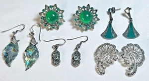 Lot 5 Vtg. Art Deco MCM Sterling Silver Green Agate & Marcasite Abalone Earrings - Picture 1 of 10