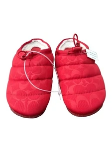 Coach Women Rachelle Quilted Nylon Monogram Red Slippers Fleece Lining 6 Floor - Picture 1 of 10