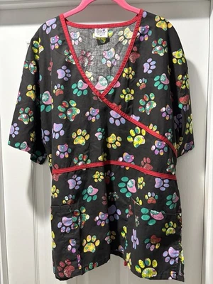 Medical Scrub Top Mock Wrap Multi-Color Paw Print Black With Red Trim Size 3x - Image 1 of 4