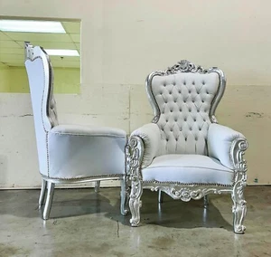 White Throne Chair Midsize *Set of 2* French Style Tufted Chair Silver Details - Picture 1 of 5