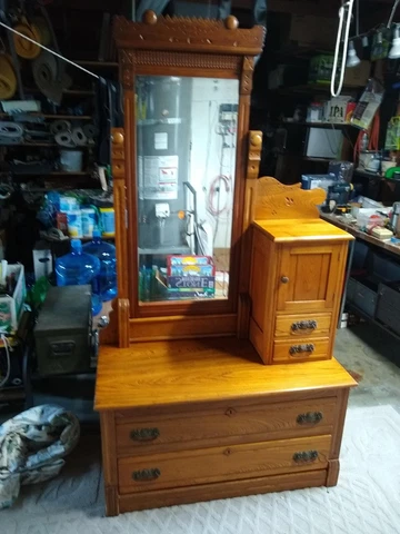 Antique Oak Gentlemans Dresser Bachelor's Chest w Tilt Beveled Mirror & Carvings Cover