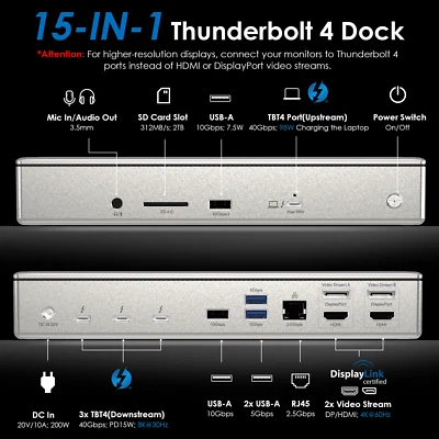 WAVLINK Thunderbolt 4 Quad Display Dock Docking Station 40Gbps 98W PD USB C HUB - Image 1 of 4