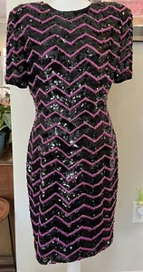 Vintage Joan Leslie rosa schwarz Zick Zack Chevron Pailletten Perlen Party Neujahr Urlaub Kleid 8 - Bild 1 von 9