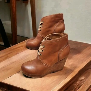 Lucky Brand Leather Norice Lace-Up Wedge Heels Ankle Boots Women's Size 7.5 - Picture 1 of 11