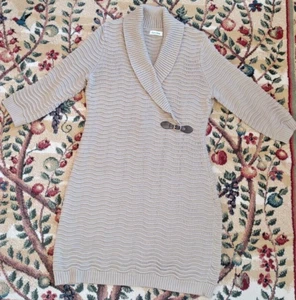 LARGE Womens CALVIN KLEIN Taupe SWEATER DRESS 3/4 Sleeve KHAKI Knit TAN Belt EUC - Picture 1 of 6