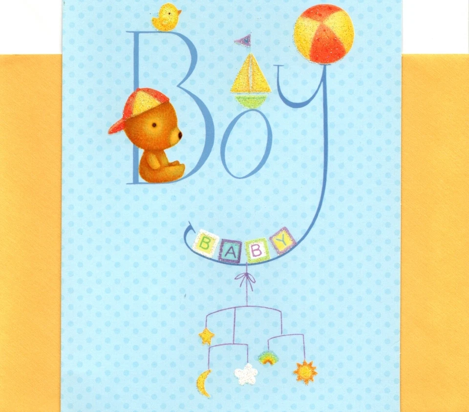 Congratulations New Baby Boy Brown Bear Cap & Ball Hallmark Greeting Card  - Image 1 of 3