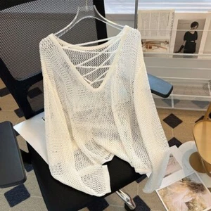 Loose Knitted Hollow Pullover Round Neck Stripe Crochet Top Women Beach - Picture 1 of 15