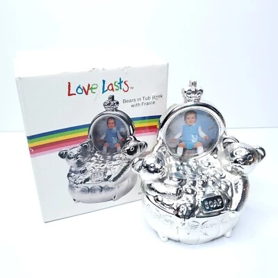 Banco de monedas vintage Oneida Love Lasts Bears en bañera marco plateado  Foto 1 de 4