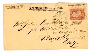 1890s Envelope Red 3C Stamp Kennard Cleveland Ohio John Courtledge Brooklyn NY - Picture 1 of 3