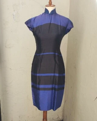 Винтажный 1960-х ручной работы черный синий в полоску необработанный шелк китайский Cheongsam шевелиться платье - Изображение 1 из 4