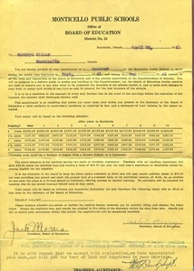 (11) 1936-44 MONTICELLO ILLINOIS H S TEACHER CONTRACT-OFFER-SALARY-RESUME-RETIRE - Picture 1 of 11