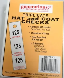 Gerenations Product: Hat and Coat Checks -3 part tag, 500 checks #1 - #500 - Picture 1 of 3